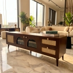MODERN ARCHED GLASS & RATTAN DRAWERS WOODEN CONSOLE